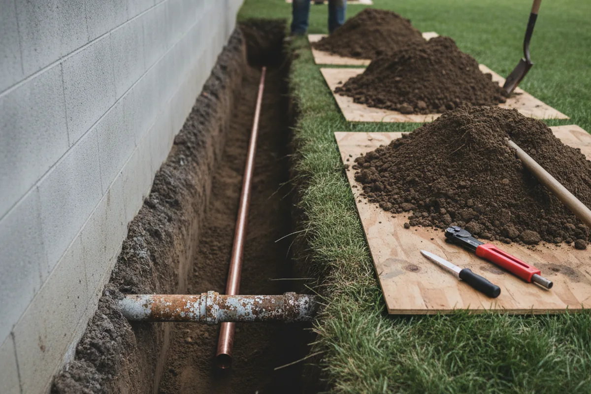 Excavated water line trench during Water Heater Repair in Whippany